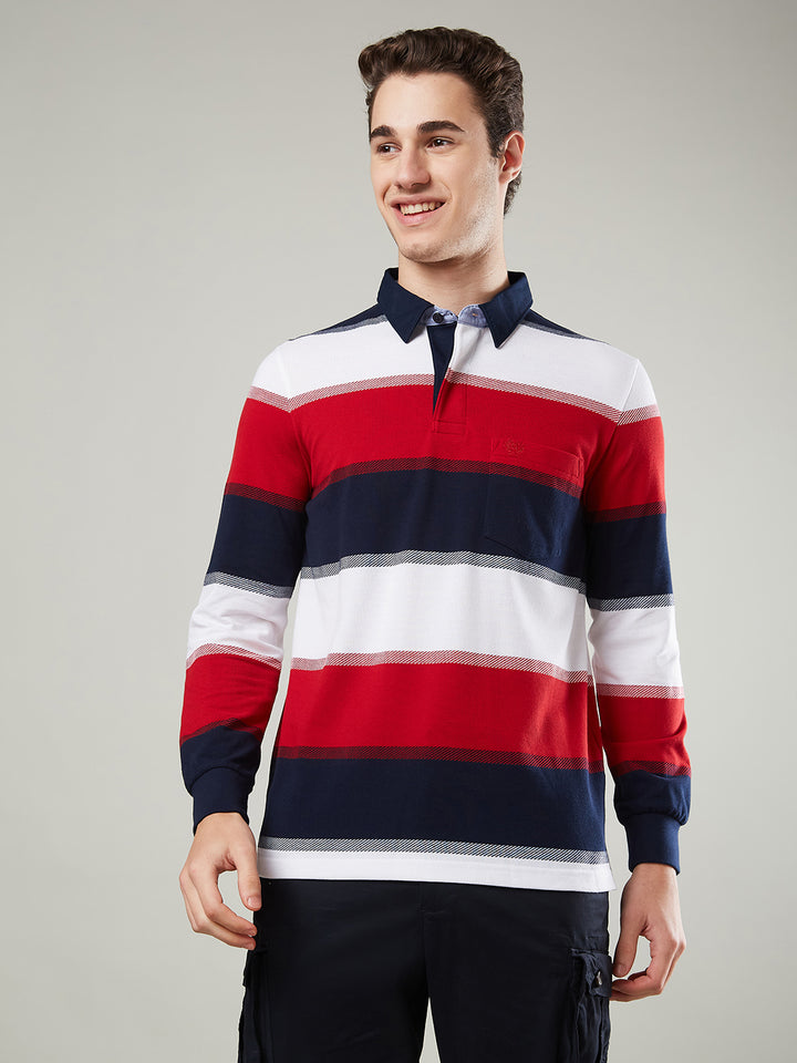 Men's Full Sleeve Striped Rugby Polo Cotton Blend T-Shirts
