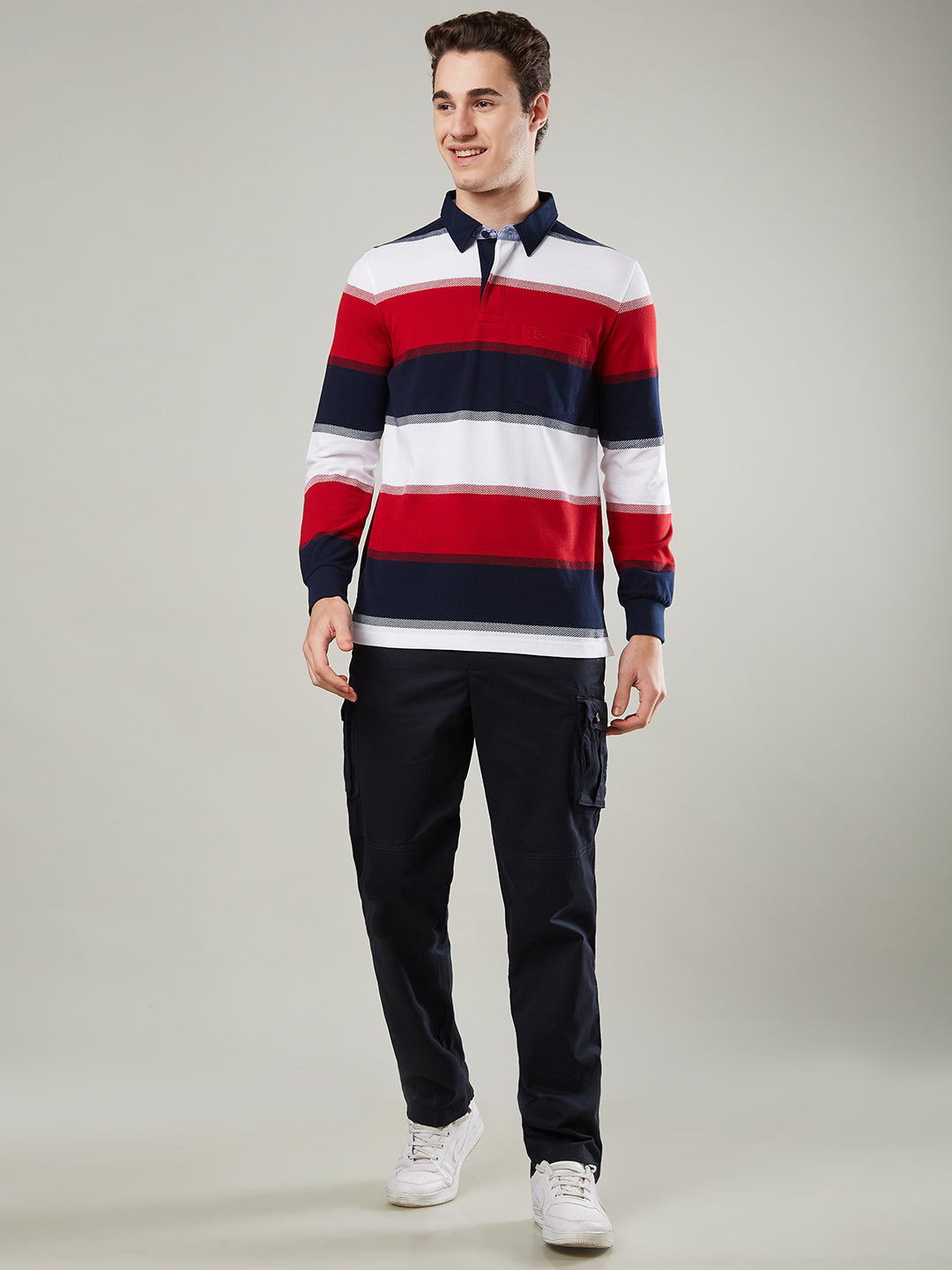 Men's Full Sleeve Striped Rugby Polo Cotton Blend T-Shirts