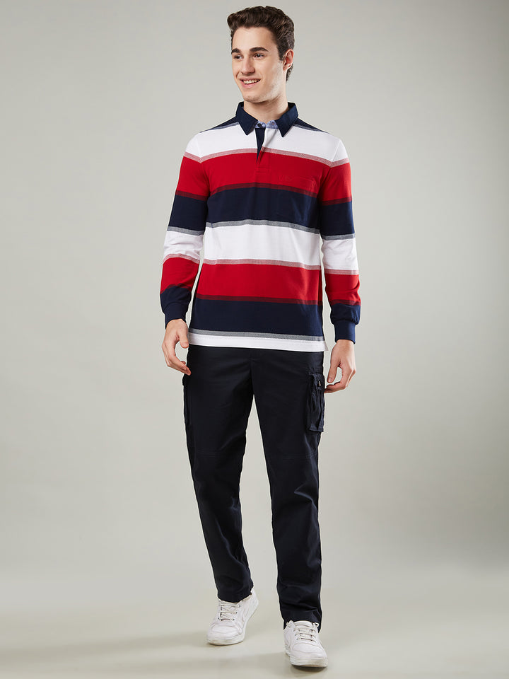 Men's Full Sleeve Striped Rugby Polo Cotton Blend T-Shirts