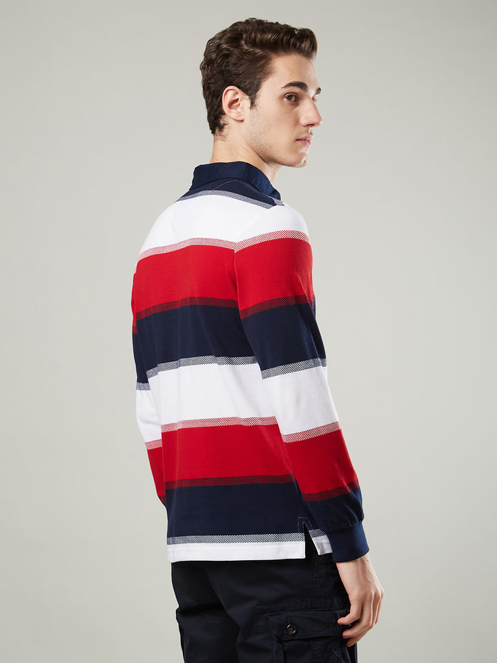 Men's Full Sleeve Striped Rugby Polo Cotton Blend T-Shirts