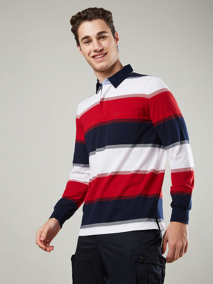 Men's Full Sleeve Striped Rugby Polo Cotton Blend T-Shirts