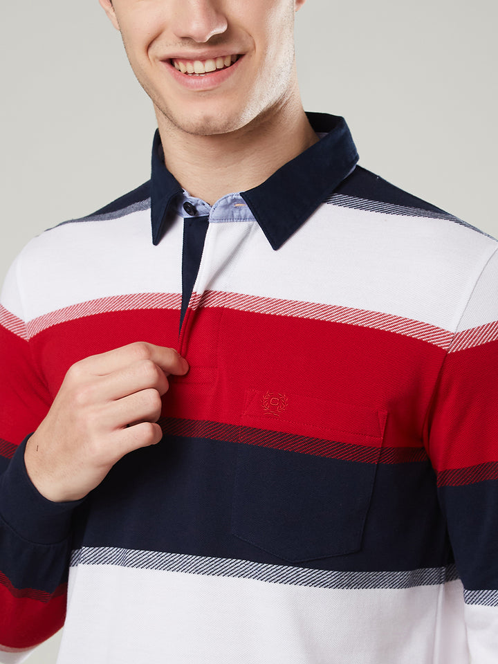 Men's Full Sleeve Striped Rugby Polo Cotton Blend T-Shirts