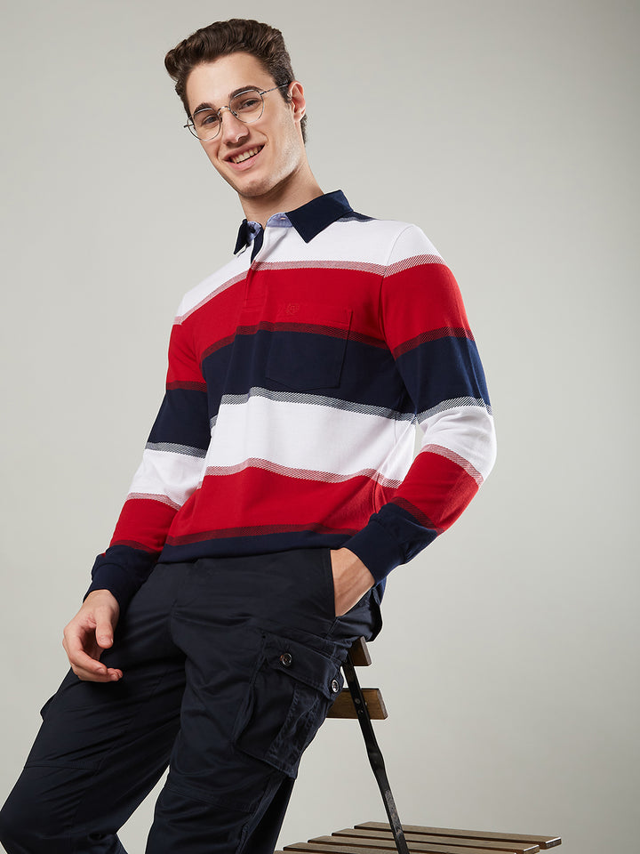 Men's Full Sleeve Striped Rugby Polo Cotton Blend T-Shirts