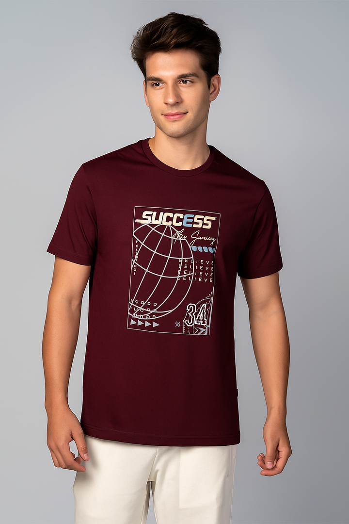 Men’s  Printed Round Neck Tee – “Success Journey” Globe
