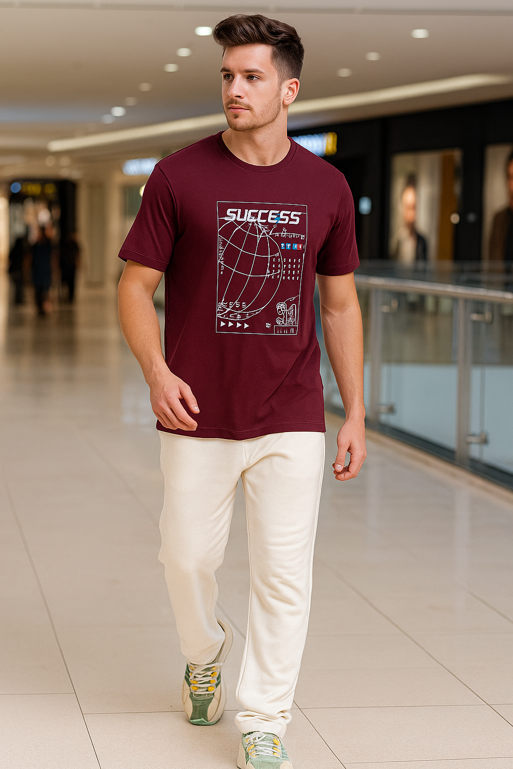 Men’s  Printed Round Neck Tee – “Success Journey” Globe