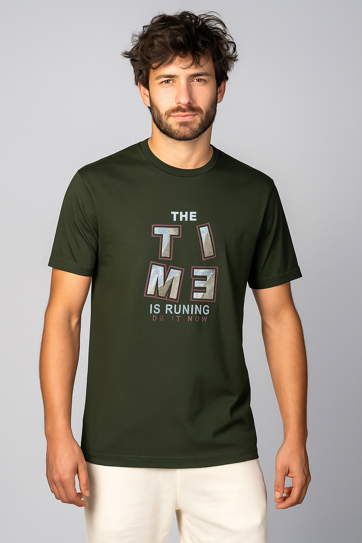 Men’s  Printed Round Neck Tee – “The Time is Running” Motivational
