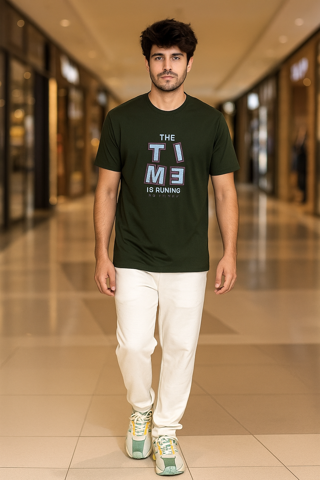 Men’s  Printed Round Neck Tee – “The Time is Running” Motivational