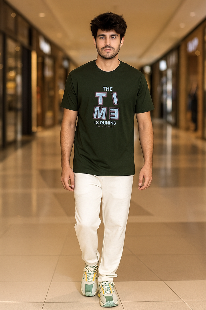 Men’s  Printed Round Neck Tee – “The Time is Running” Motivational
