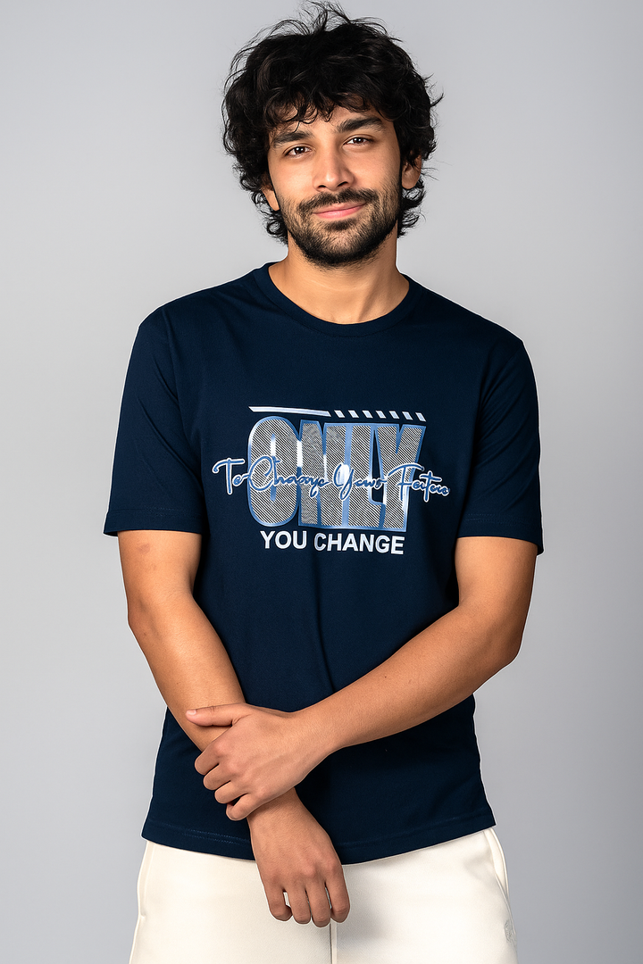 Men’s  Printed Round Neck Tee – “Only You Change” Motivational