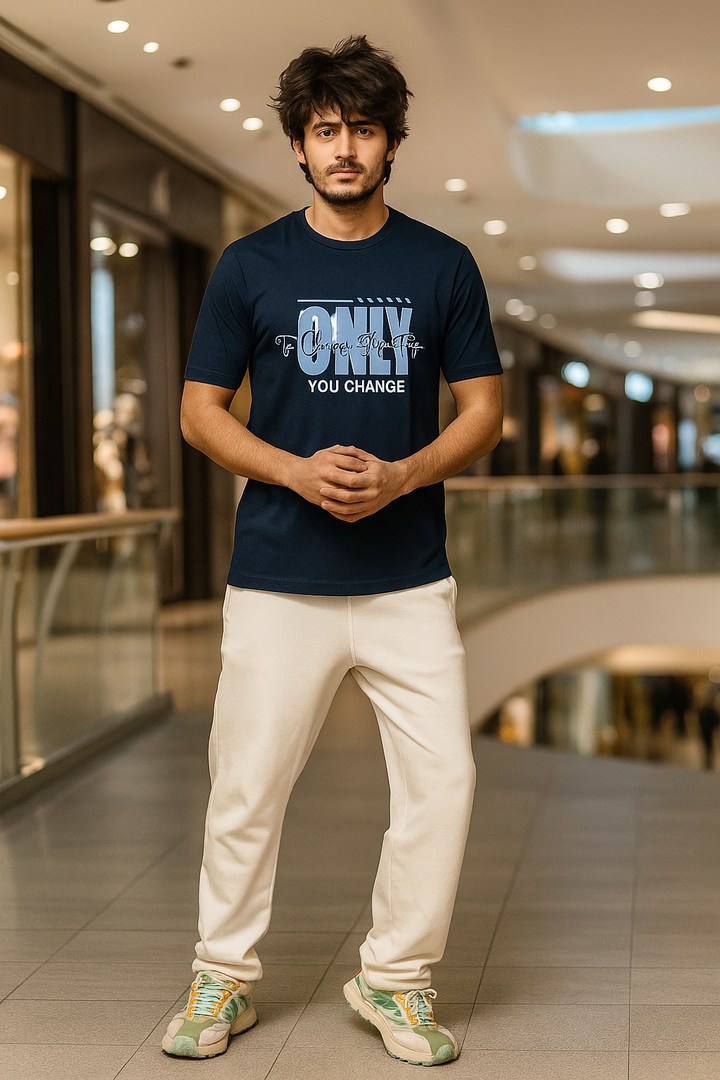 Men’s  Printed Round Neck Tee – “Only You Change” Motivational
