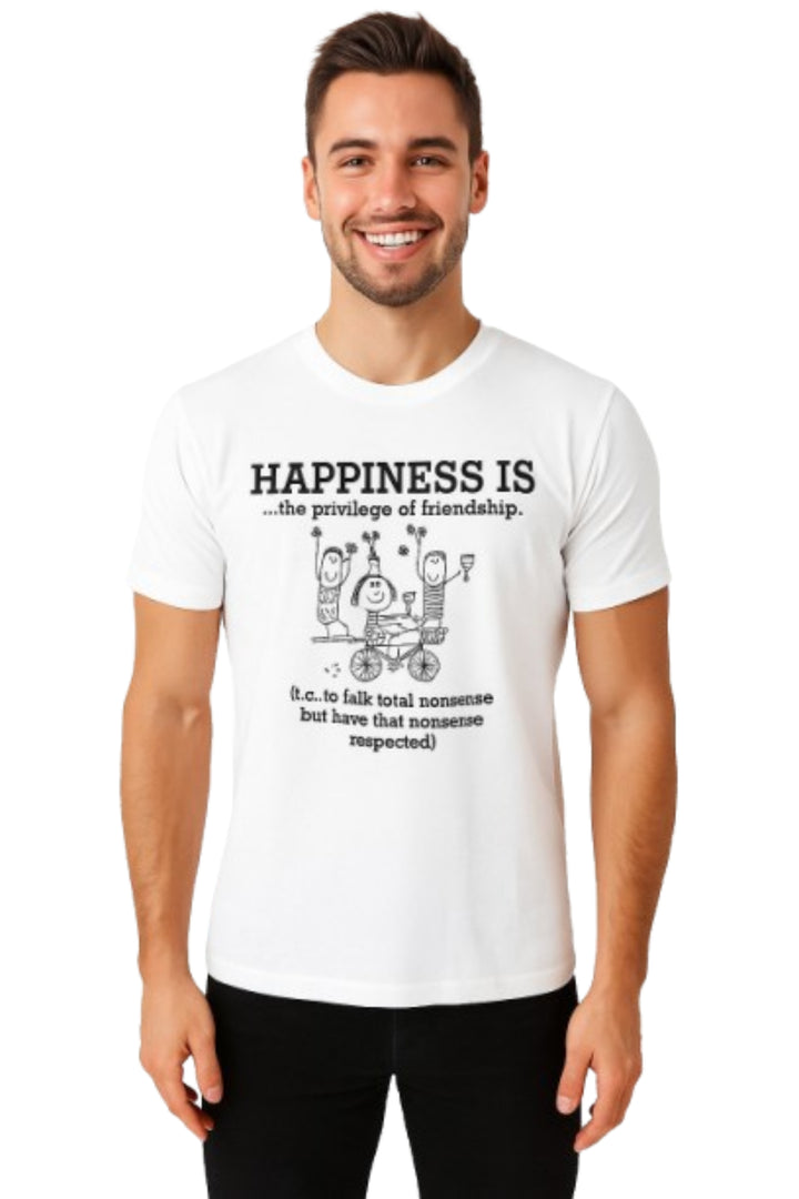 Men’s Printed Round Neck Tee – “Happiness Is Friendship”