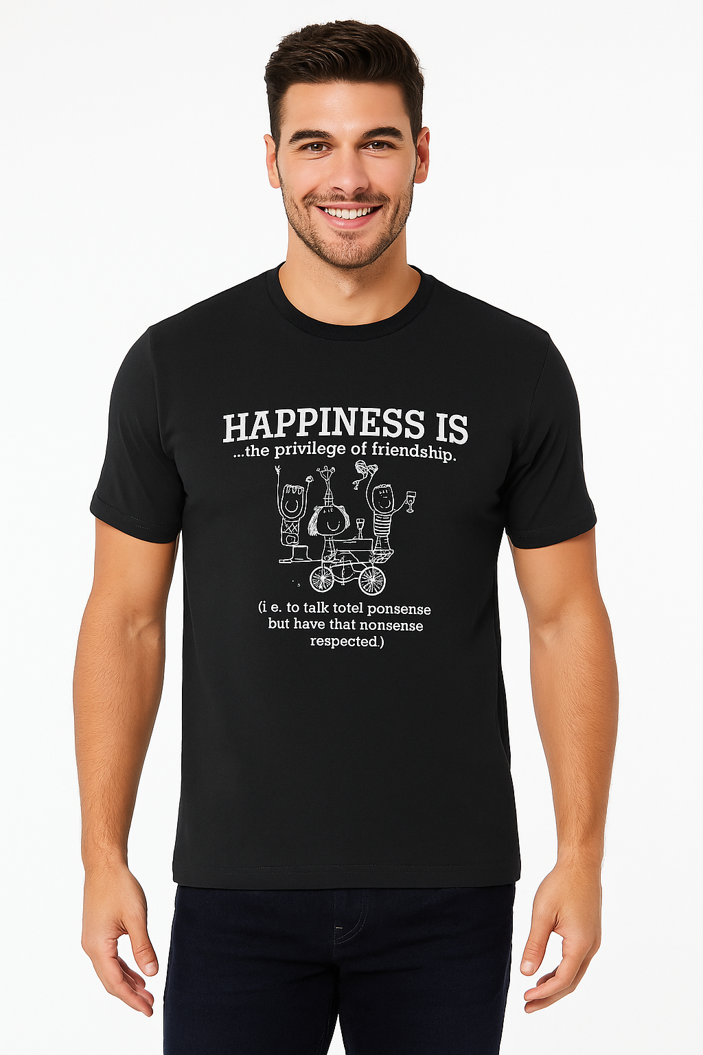 Men’s Printed Round Neck Tee – “Happiness Is Friendship”