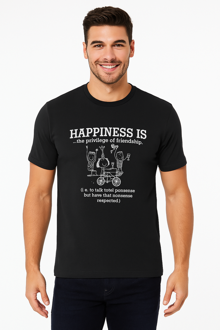 Men’s Printed Round Neck Tee – “Happiness Is Friendship”