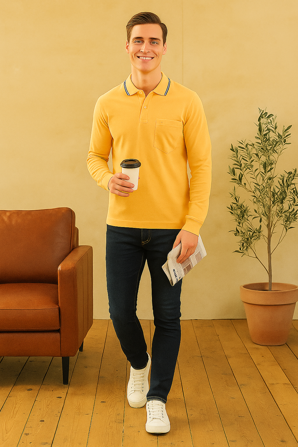 Men's Long Pique Sleeve Polo T-Shirt