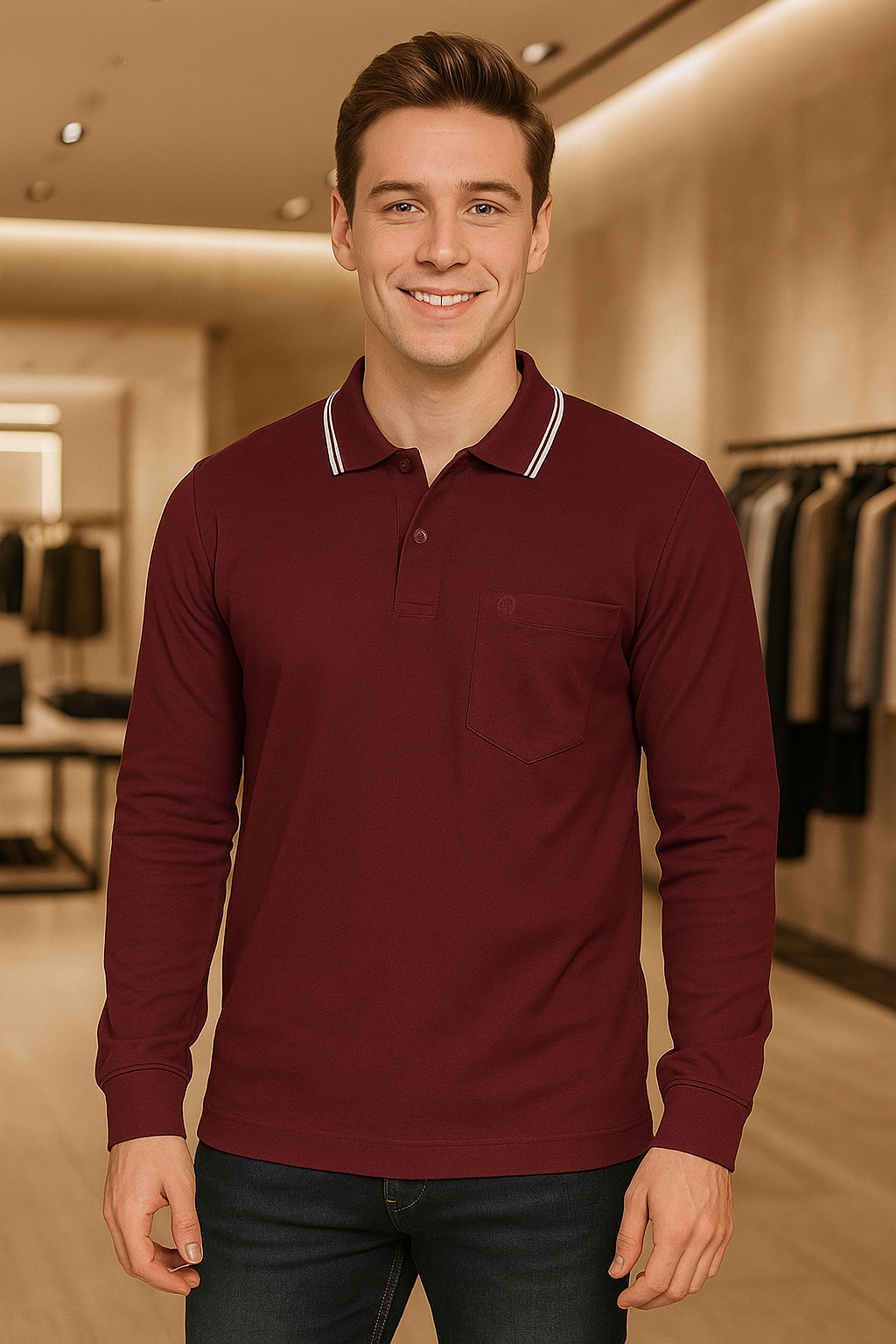 Men's Long Pique Sleeve Polo T-Shirt