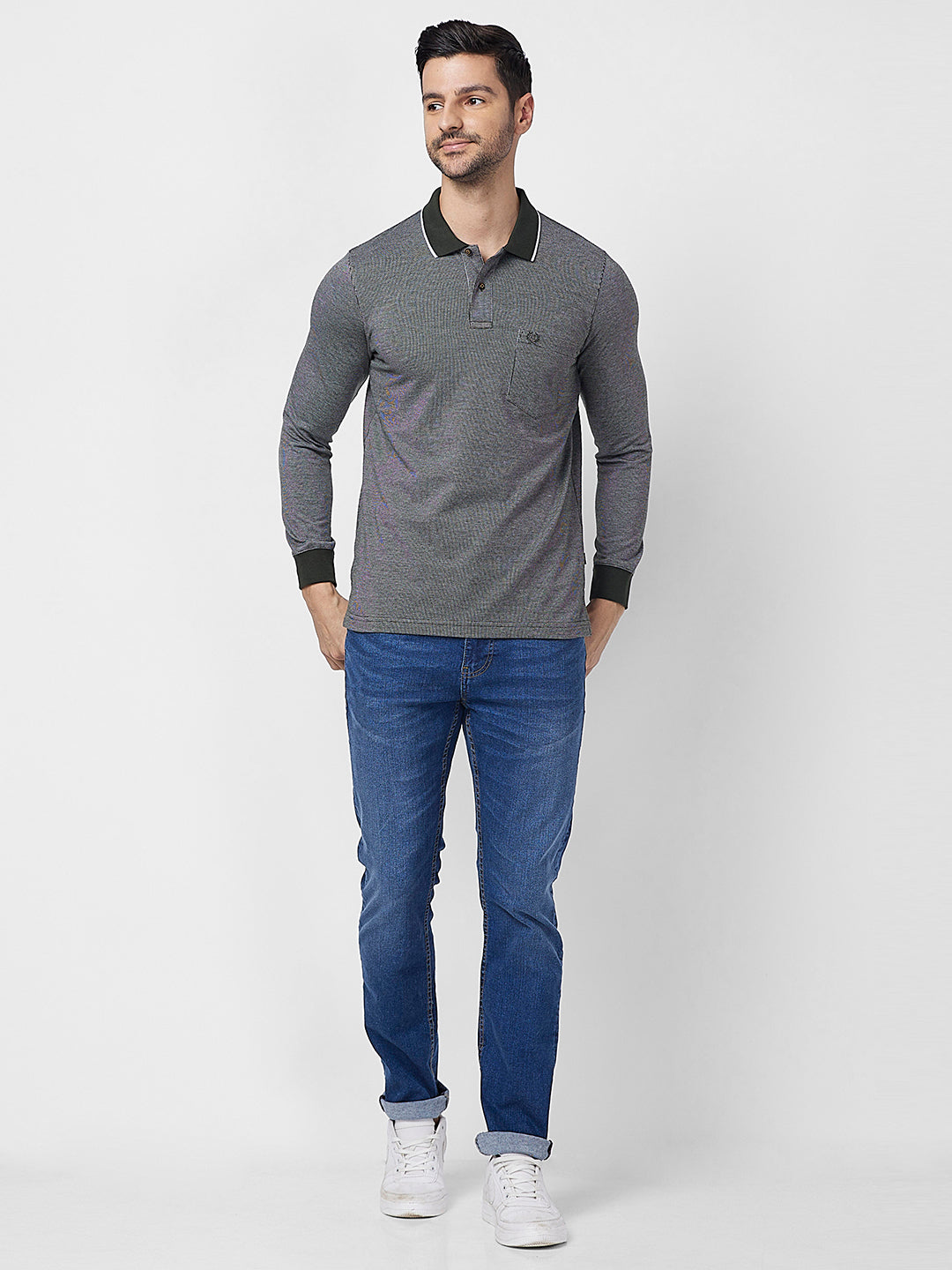 Men's Full-Sleeved Jacquard Polo Shirt- Big & Tall