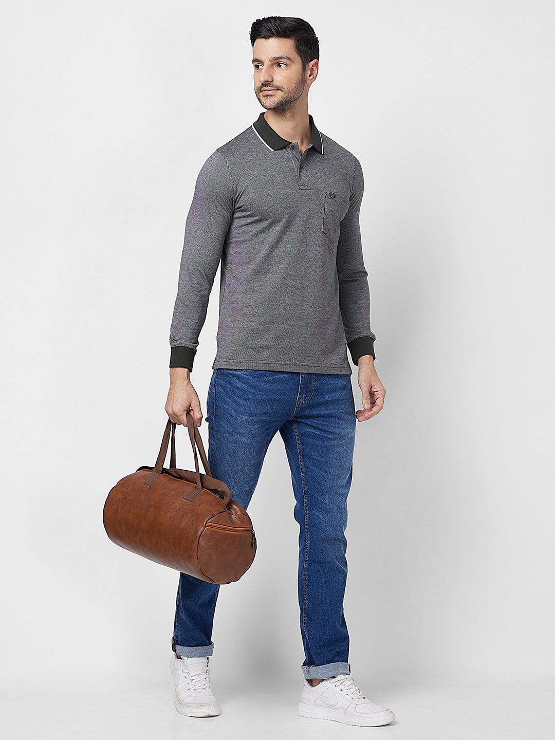 Men's Full-Sleeved Jacquard Polo Shirt- Big & Tall