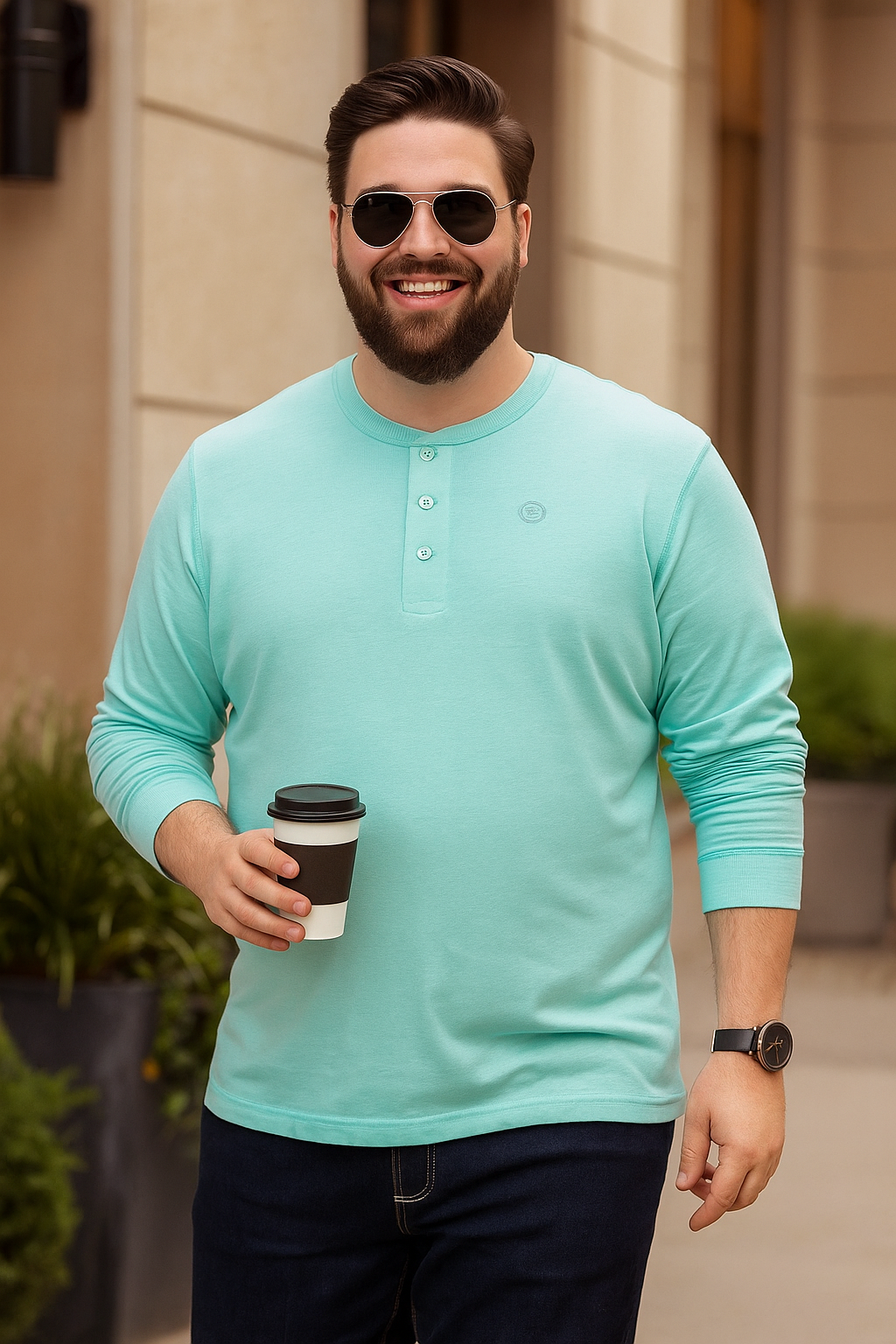 Men’s Light Blue Henley Neck T-Shirt - Big and Tall