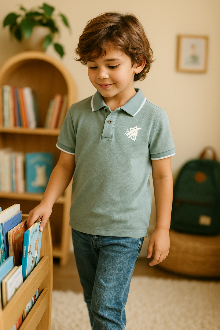 Kids Jacquard Cotton Blend Polo with tipping collar
