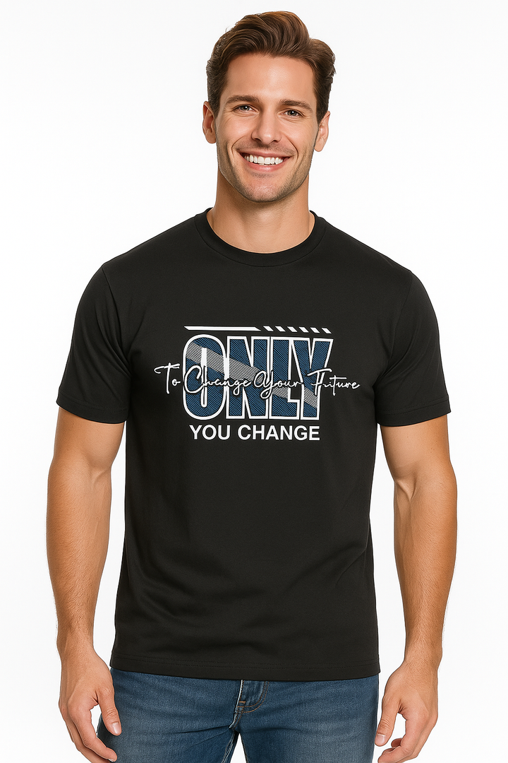 Men’s  Printed Round Neck Tee – “Only You Change” Motivational