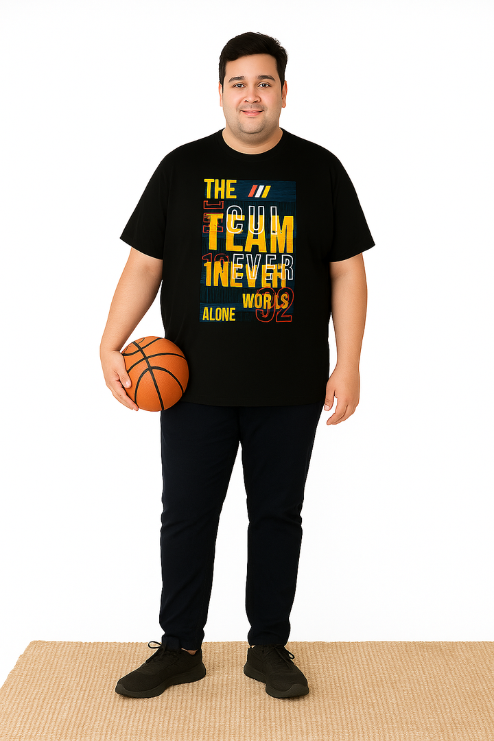Men’s Printed Round Neck Tee – “Team Never Works Alone” -  Big & Tall