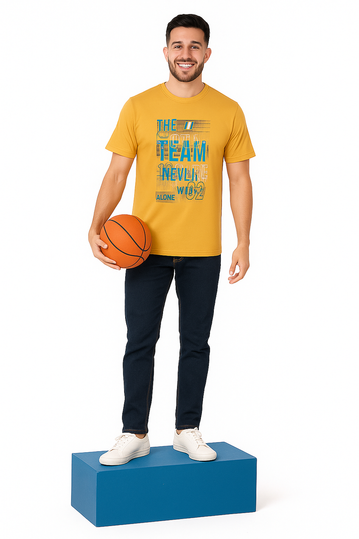 Men’s  Printed Round Neck Tee – “Team Never Works Alone”