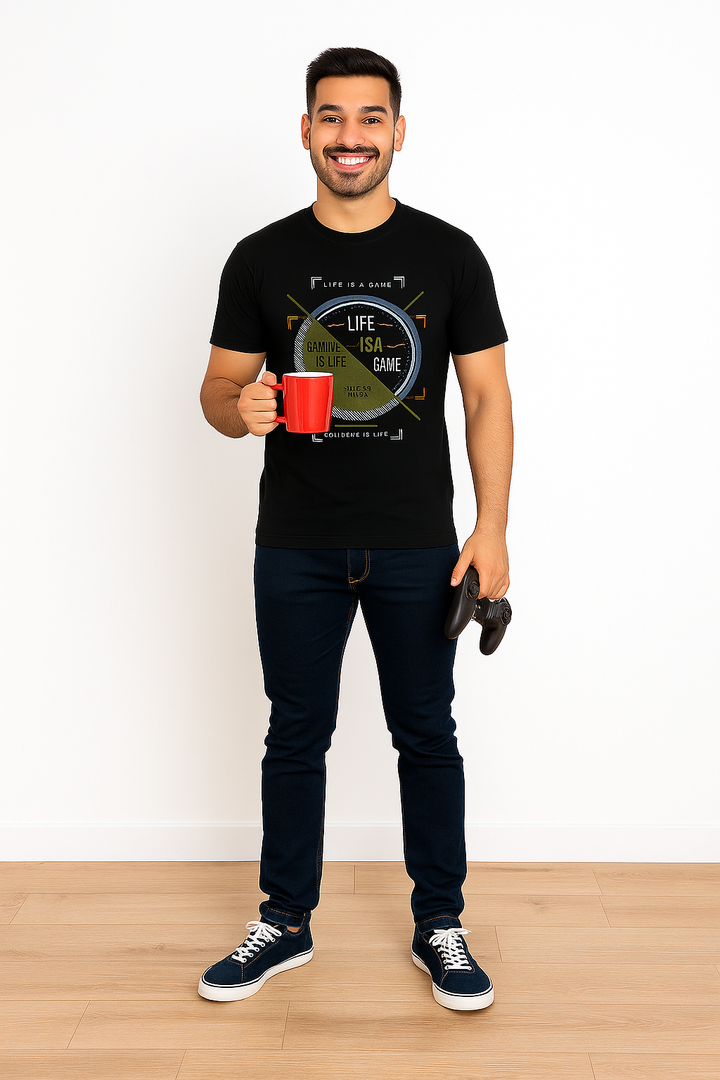 Men’s Printed Round Neck Tee  – "Life is a game"