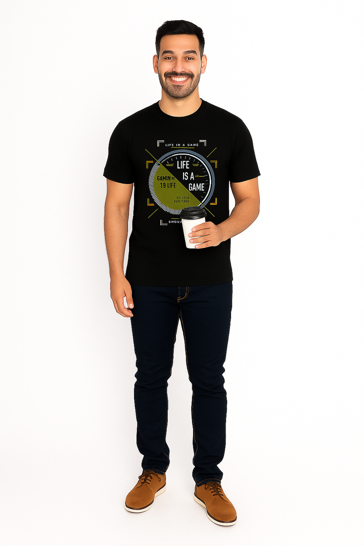 Men’s Printed Round Neck Tee  – "Life is a game"
