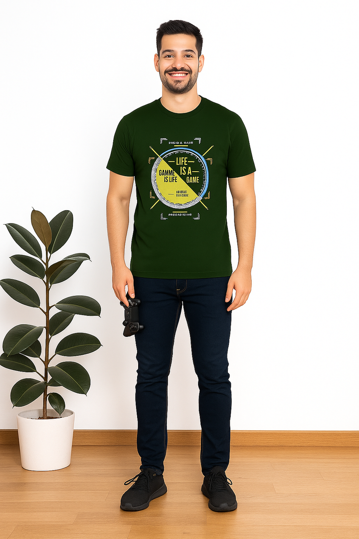 Men’s Printed Round Neck Tee  – "Life is a game"