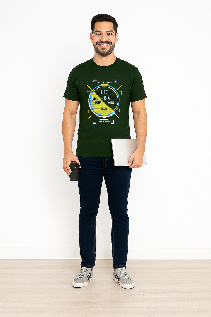 Men’s Printed Round Neck Tee  – "Life is a game"