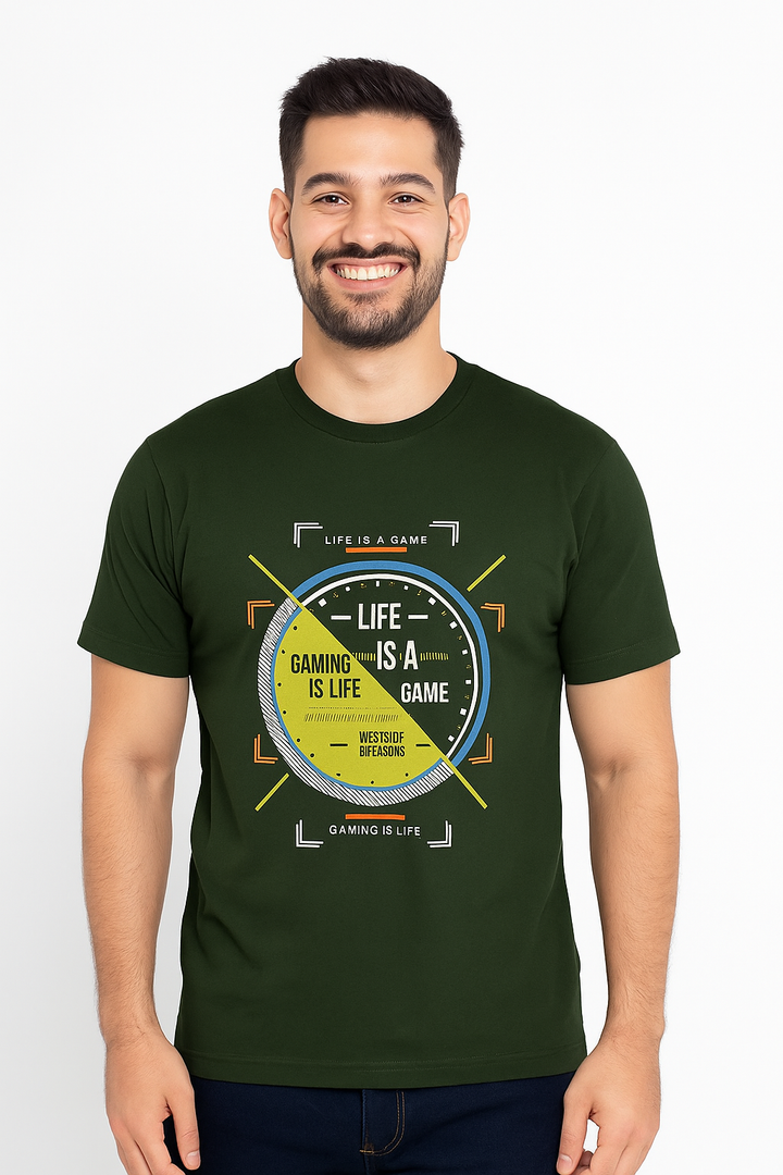 Men’s Printed Round Neck Tee  – "Life is a game"
