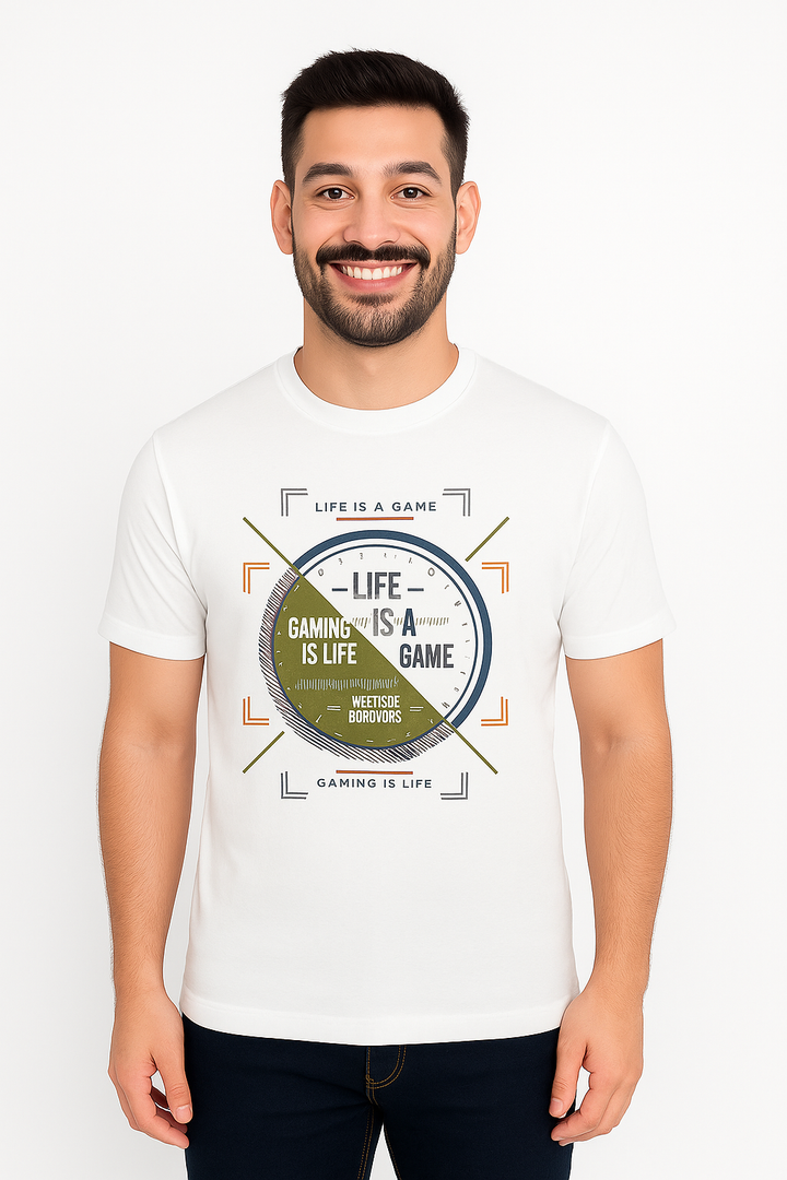 Men’s Printed Round Neck Tee  – "Life is a game"