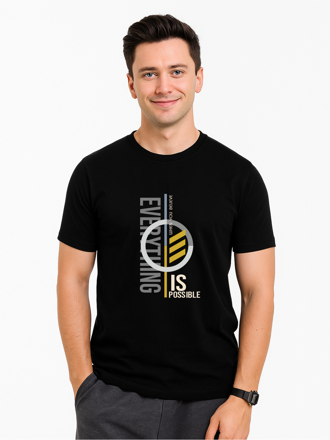 Men’s Printed Round Neck T-Shirt – “Everything Is Possible” Motivational