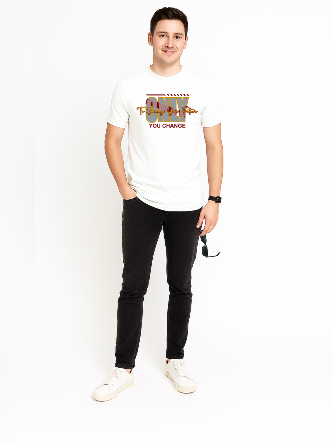 Men’s  Printed Round Neck Tee – “Only You Change” Motivational