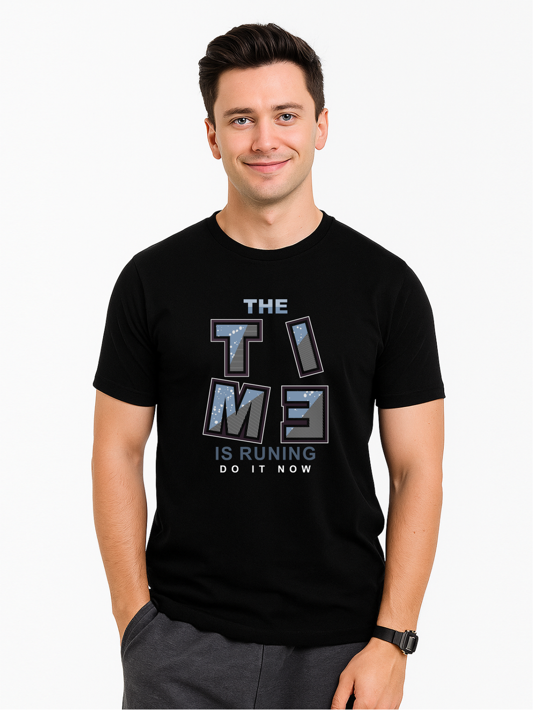 Men’s  Printed Round Neck Tee – “The Time is Running” Motivational