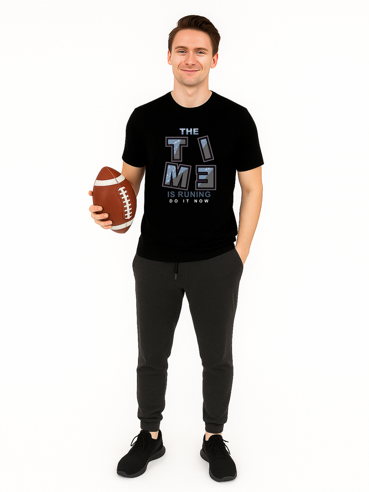 Men’s  Printed Round Neck Tee – “The Time is Running” Motivational