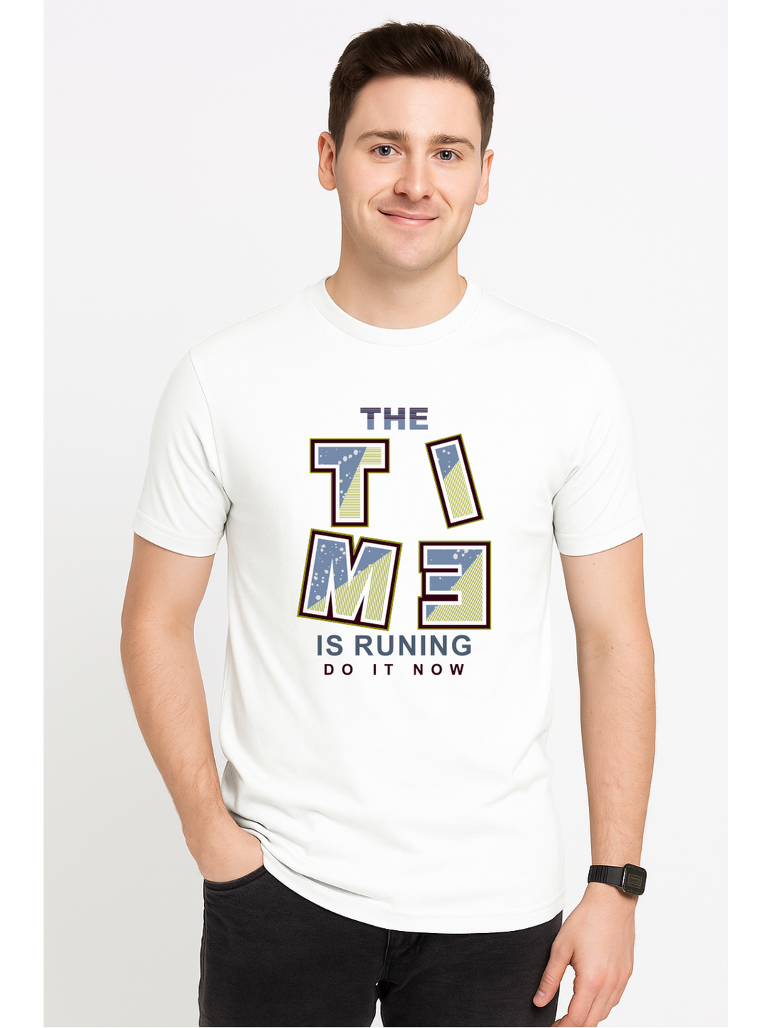 Men’s  Printed Round Neck Tee – “The Time is Running” Motivational