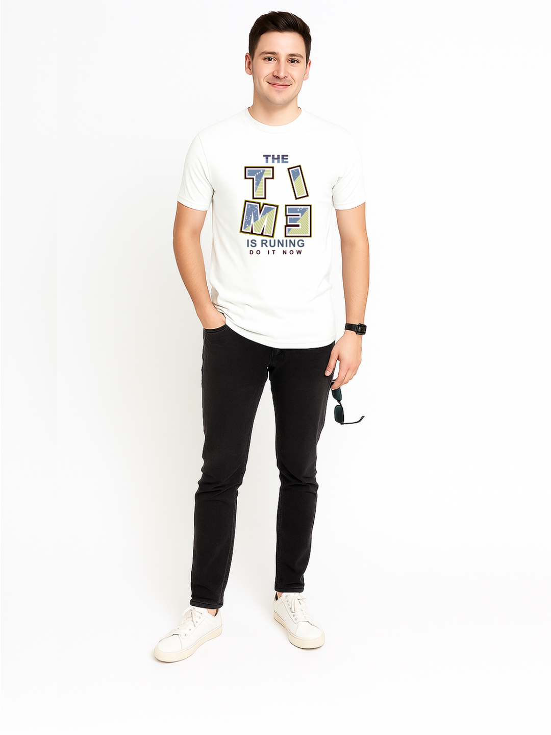 Men’s  Printed Round Neck Tee – “The Time is Running” Motivational